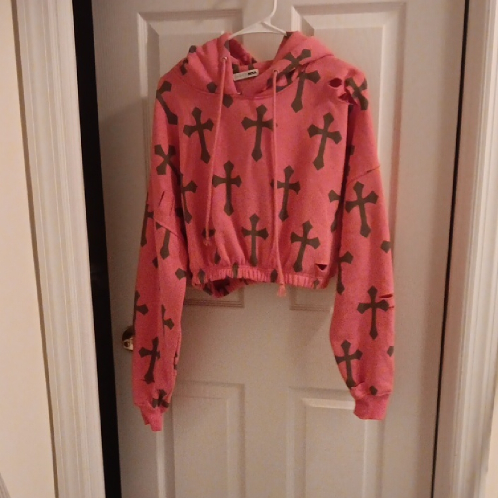 Pink & Gray Cross Cropped Hoodie- NWOT
